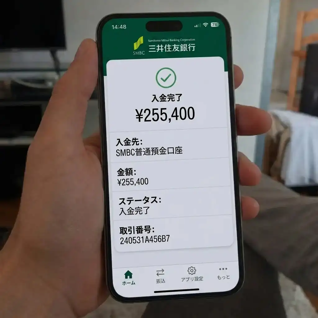 三井住友銀行の振込画面:からの255,400円の入金通知
